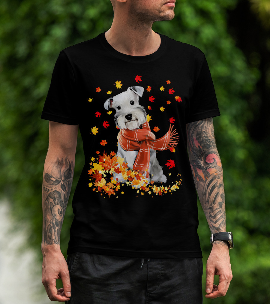 Cute Schnauzer Dog Autumn Leaves And Cozy Scarf T-Shirt