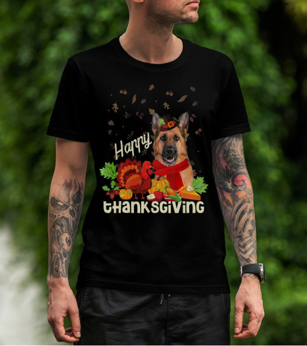 Happy Thanksgiving Pilgrim German Shepherd With Turkey And Fall Leaves T-Shirt