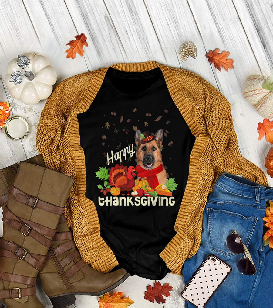 Happy Thanksgiving Pilgrim German Shepherd with Turkey and Fall Leaves T-Shirt