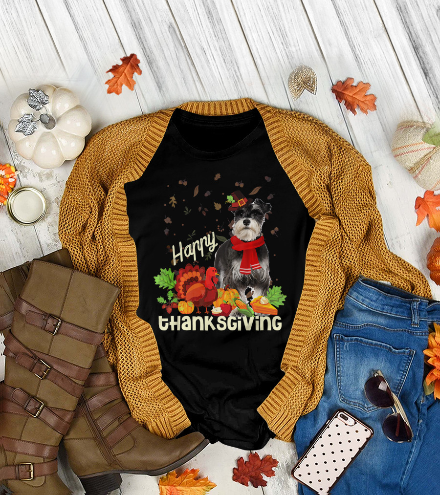 Happy Thanksgiving Pilgrim Miniature Schnauzer Turkey Pumpkin Pie Autumn Leaves T-Shirt