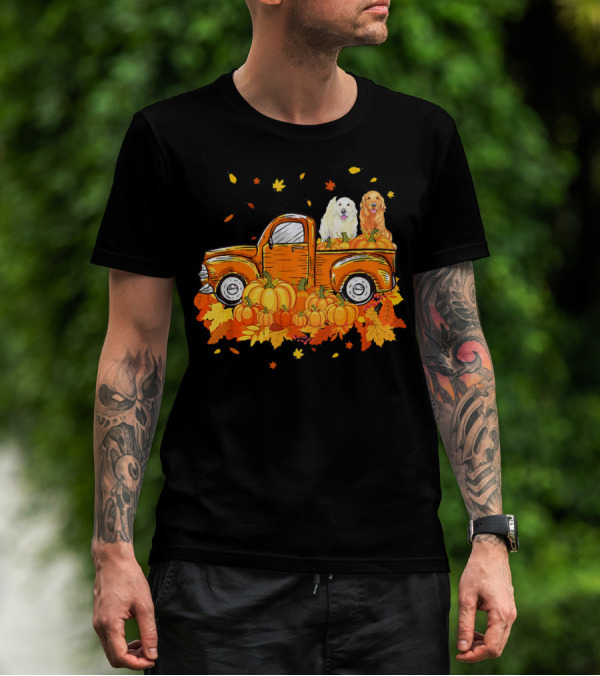 Golden Retriever Puppies In Vintage Pumpkin Truck With Autumn Leaves T-Shirt