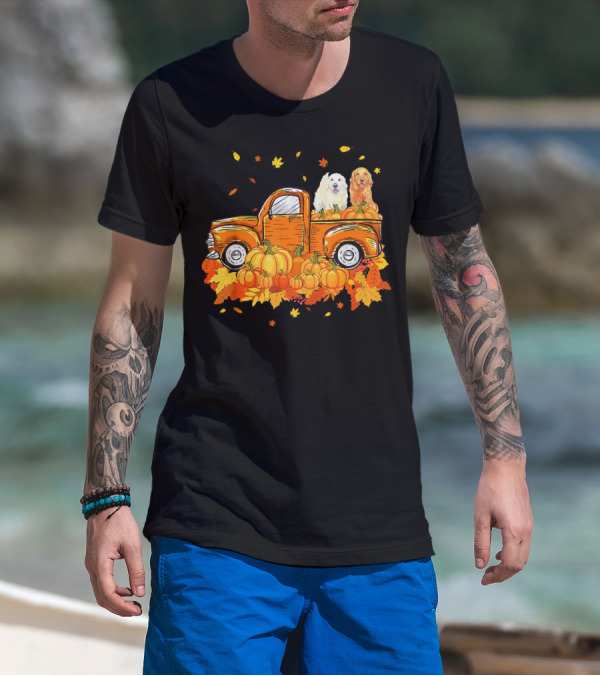 Golden Retriever Puppies In Vintage Pumpkin Truck With Autumn Leaves T-Shirt