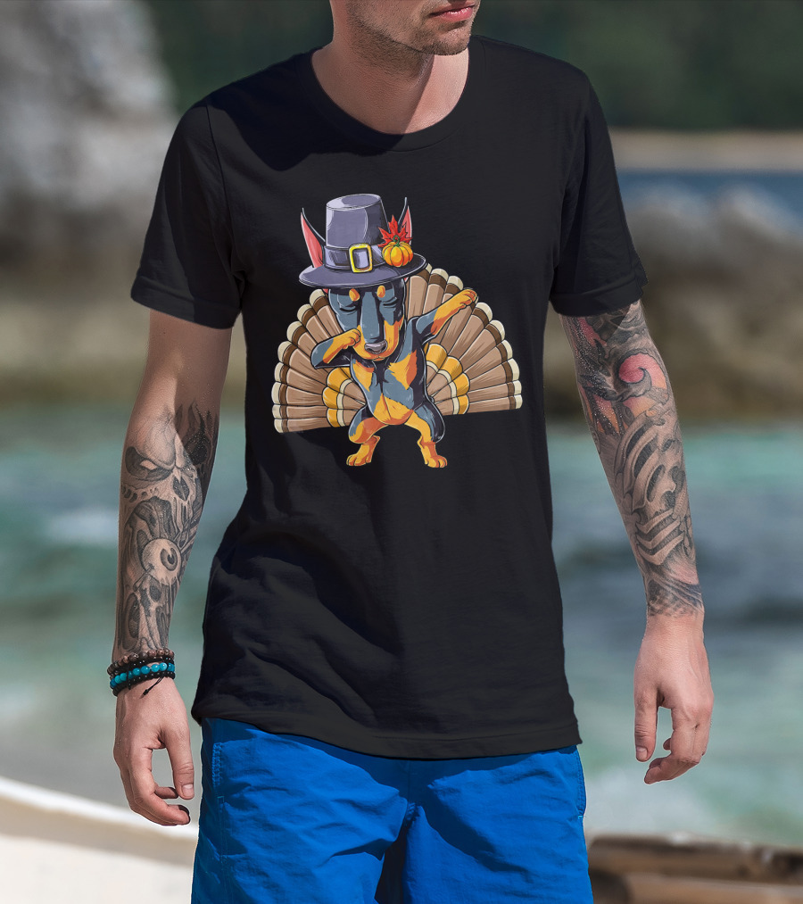 Thanksgiving Pilgrim Hat Dabbing Dog With Turkey Feathers T-Shirt