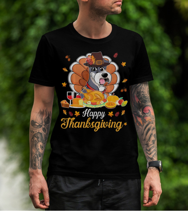 Happy Thanksgiving Schnauzer Pilgrim Turkey Feast Wine T-Shirt