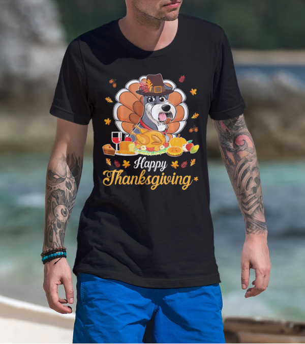 Happy Thanksgiving Schnauzer Pilgrim Turkey Feast Wine T-Shirt