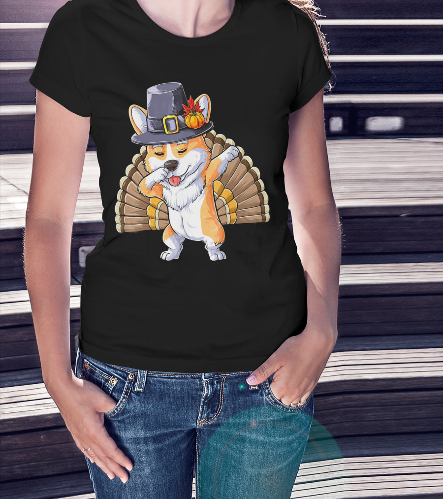Thanksgiving Dabbing Corgi Pilgrim Hat Turkey Tail T-Shirt