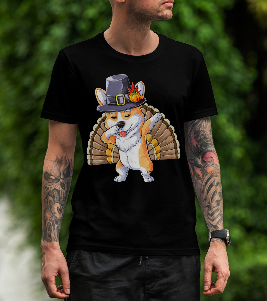 Thanksgiving Dabbing Corgi Pilgrim Hat Turkey Tail T-Shirt