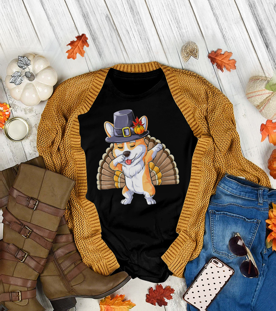 Thanksgiving Dabbing Corgi Pilgrim Hat Turkey Tail T-Shirt