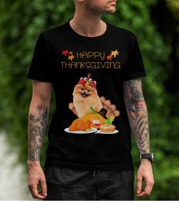Happy Thanksgiving Day Pomeranian Turkey Pumpkin Pie T-Shirt
