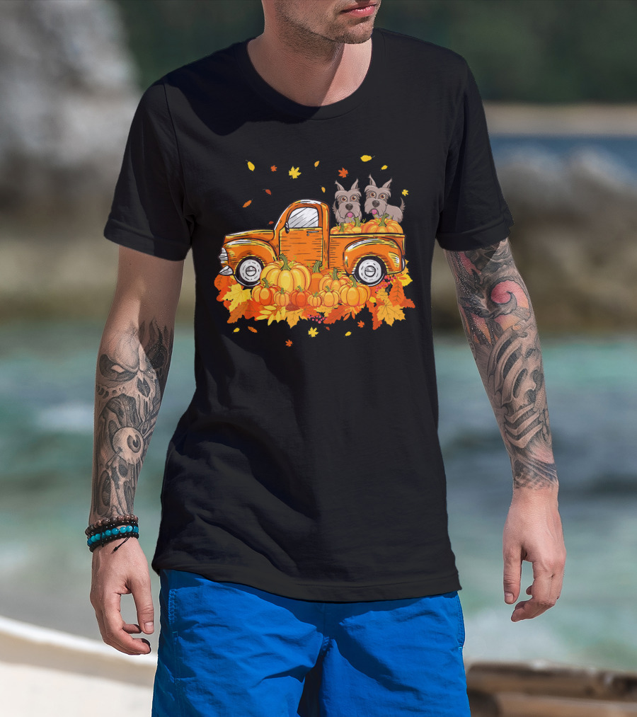 Scottie Dogs In Pumpkin-Filled Truck Surrounded By Autumn Leaves Halloween T-Shirt