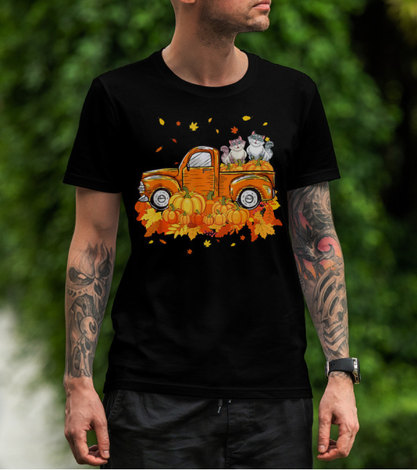 Cat Pumpkin Autumn Truck With Cats And Pumpkins T-Shirt
