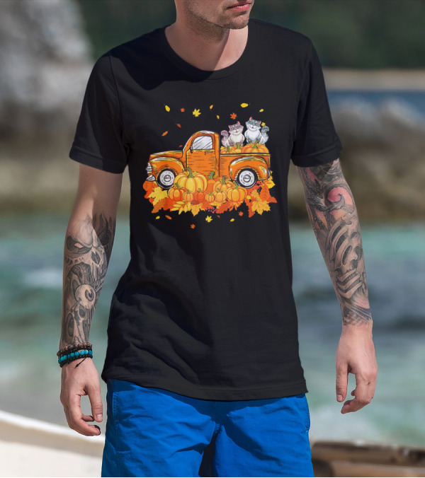 Cat Pumpkin Autumn Truck With Cats And Pumpkins T-Shirt