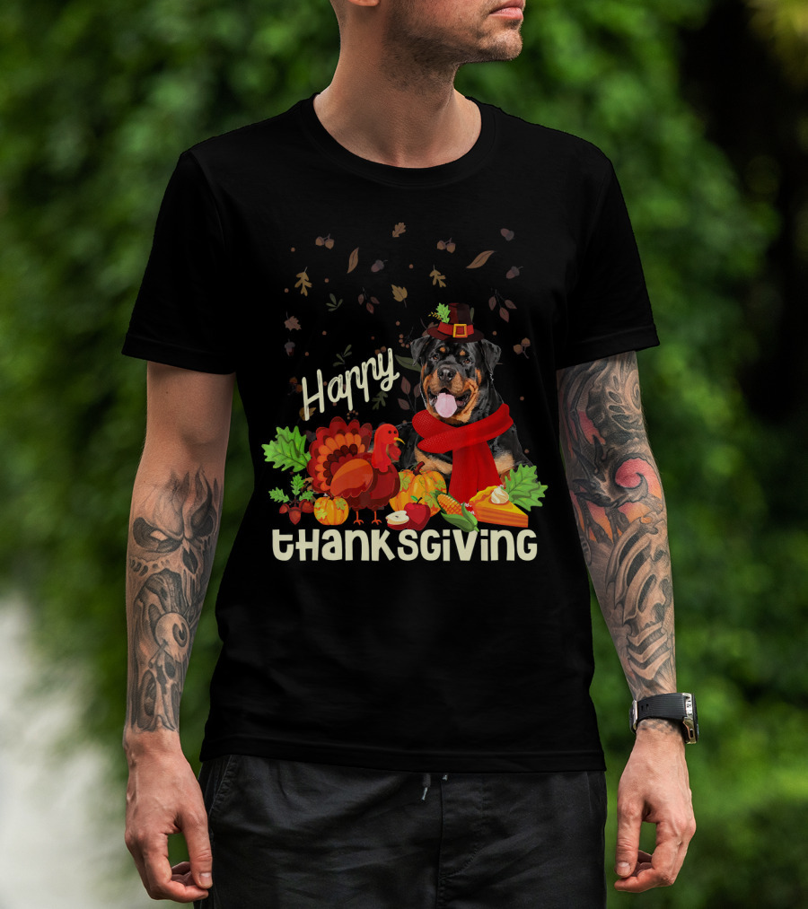 Happy Thanksgiving Pilgrim Rottweiler Turkey Feast With Autumn Leaves And Fruit T-Shirt