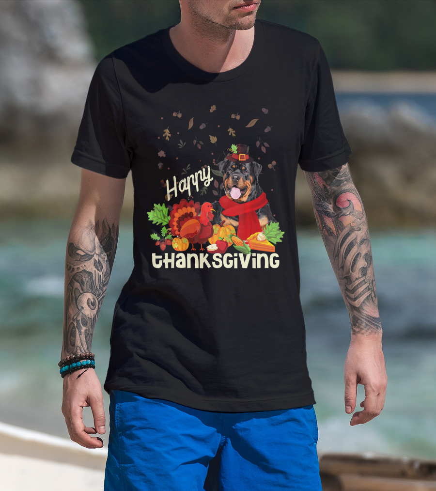 Happy Thanksgiving Pilgrim Rottweiler Turkey Feast With Autumn Leaves And Fruit T-Shirt
