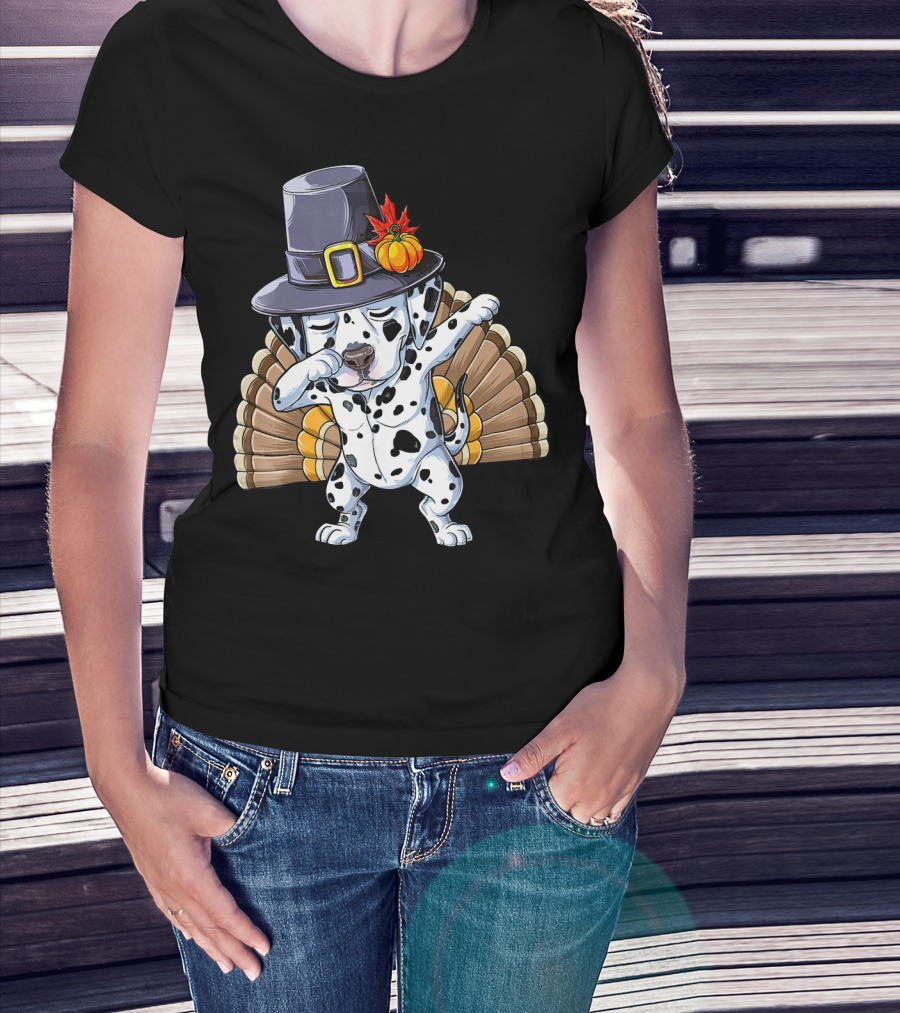 Thanksgiving Dabbing Dalmatian Pilgrim Hat Turkey Tail T-Shirt