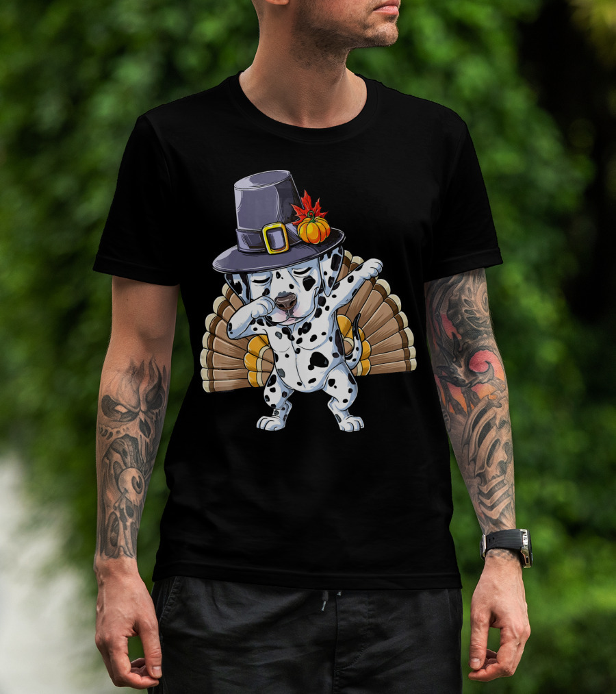 Thanksgiving Dabbing Dalmatian Pilgrim Hat Turkey Tail T-Shirt