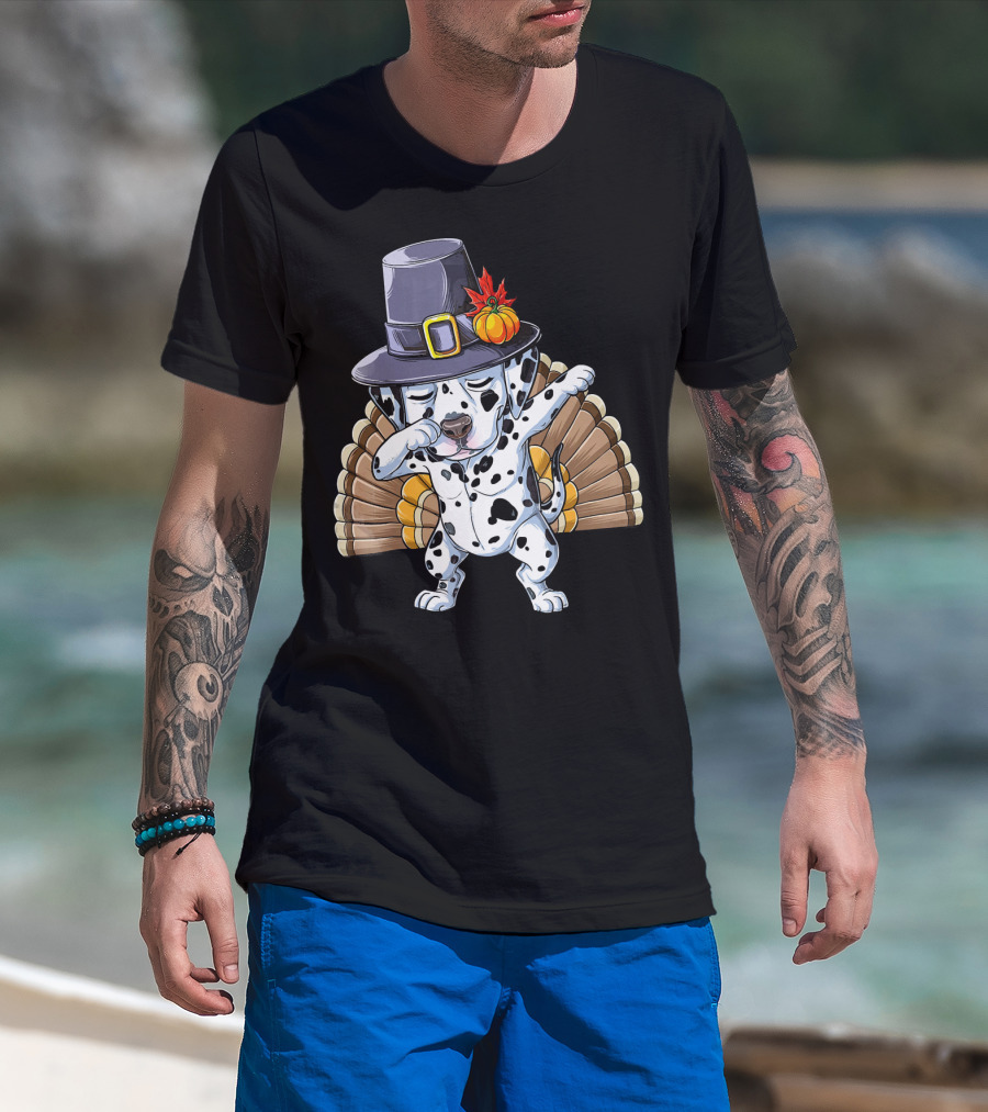 Thanksgiving Dabbing Dalmatian Pilgrim Hat Turkey Tail T-Shirt