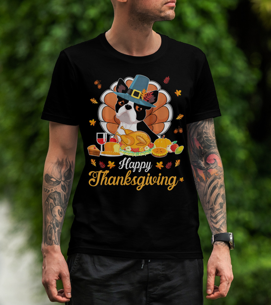 Happy Thanksgiving Boston Terrier Pilgrim With Turkey Feast T-Shirt