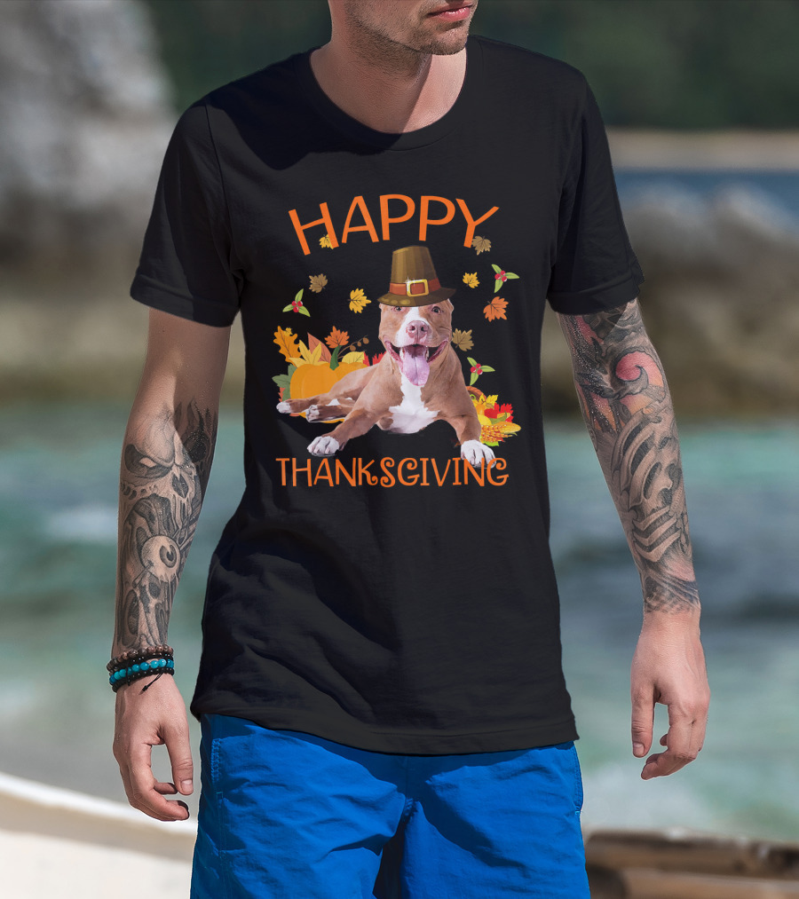 Happy Thanksgiving Pit Bull Turkey Funny Dogs T-Shirt