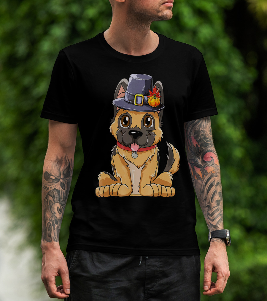 Thanksgiving Kids German Shepherd Cartoon Dog With Pilgrim Hat And Pumpkin T-Shirt