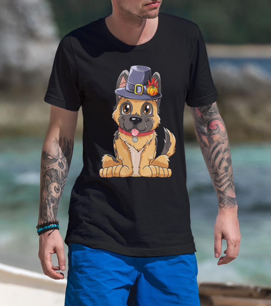 Thanksgiving Kids German Shepherd Cartoon Dog With Pilgrim Hat And Pumpkin T-Shirt