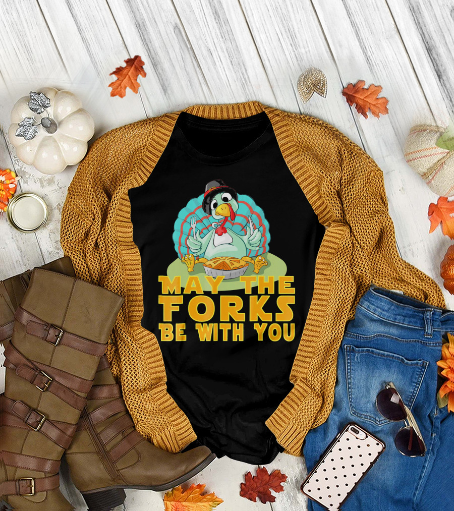 Cute Thanksgiving Turkey May The Forks Be With You Holiday T-Shirt
