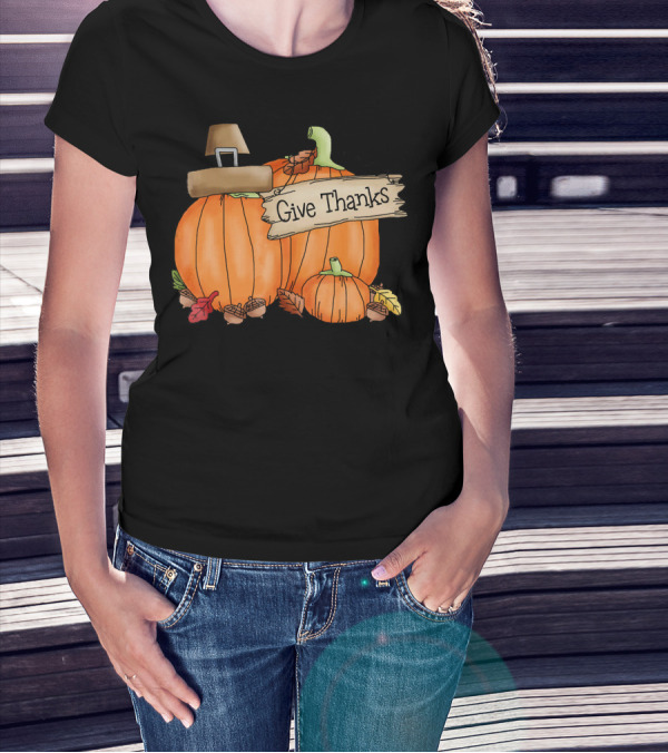 Give Thanks Pumpkin Pilgrim Hat Leaves Acorns T-Shirt
