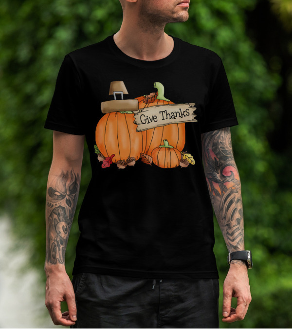 Give Thanks Pumpkin Pilgrim Hat Leaves Acorns T-Shirt