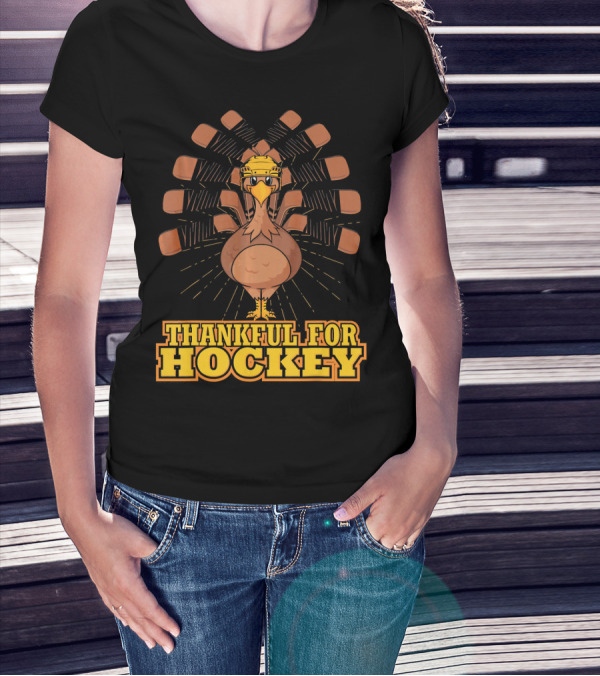 Thankful For Hockey Turkey Wearing Helmet With Hockey Sticks T-Shirt