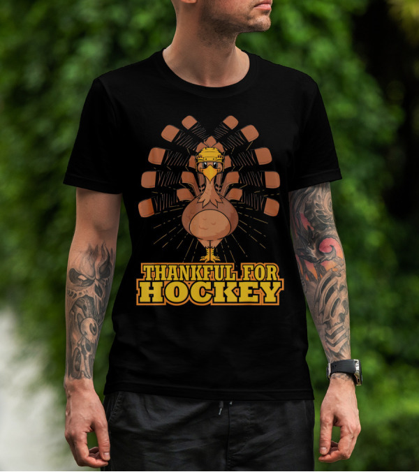 Thankful For Hockey Turkey Wearing Helmet With Hockey Sticks T-Shirt