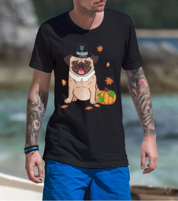Thanksgiving Pug Pilgrim Hat Pumpkin Leaves T-Shirt