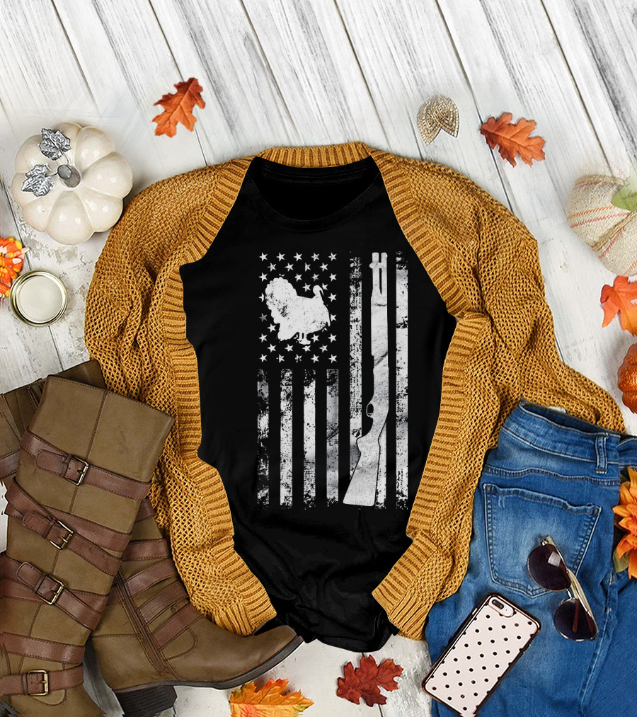 Turkey Hunting American Flag with Rifle and Stars T-Shirt