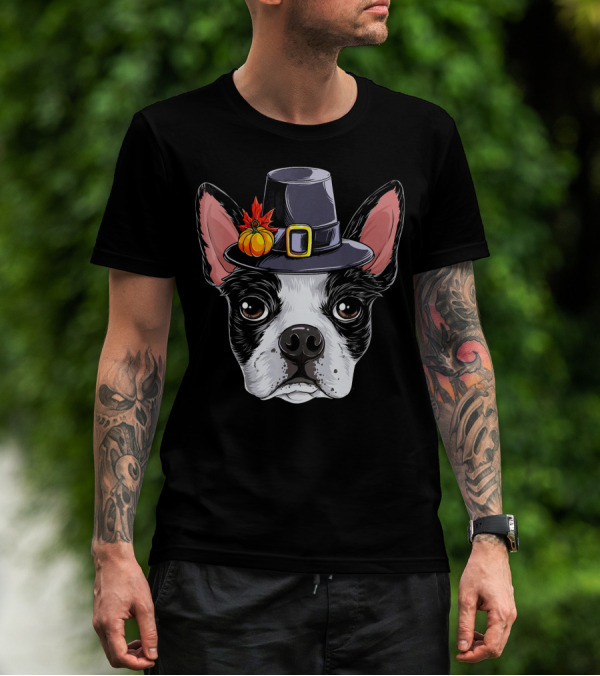 Thanksgiving Bo Boston Terrier In Pilgrim Hat With Pumpkin And Leaves T-Shirt