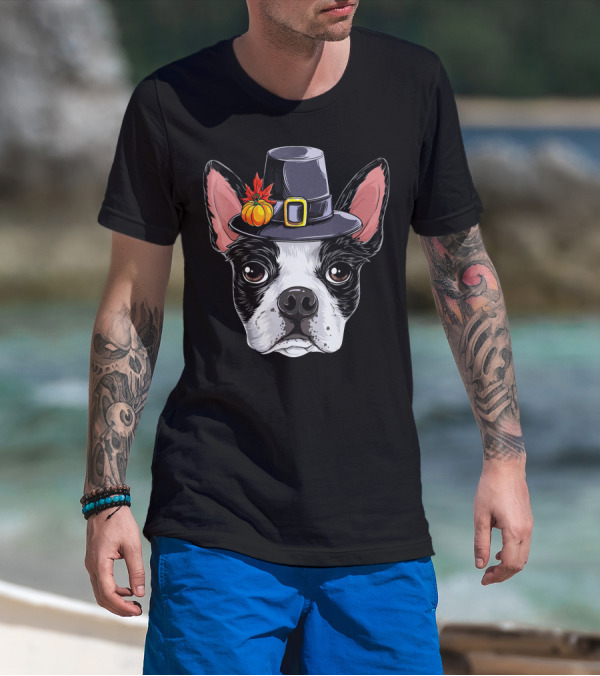 Thanksgiving Bo Boston Terrier In Pilgrim Hat With Pumpkin And Leaves T-Shirt