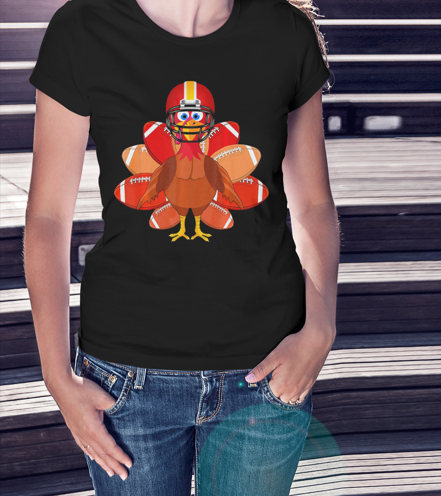Turkey With Football Helmet Thankful Thanksgiving Football T-Shirt