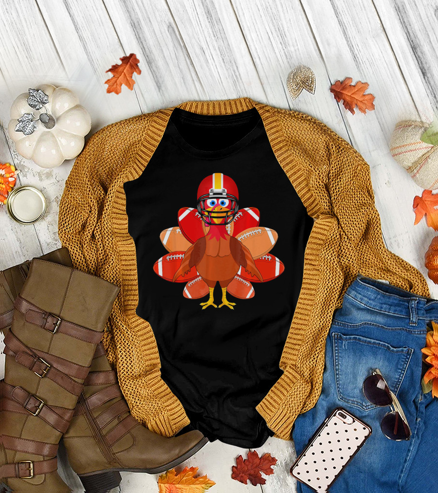 Turkey With Football Helmet Thankful Thanksgiving Football T-Shirt