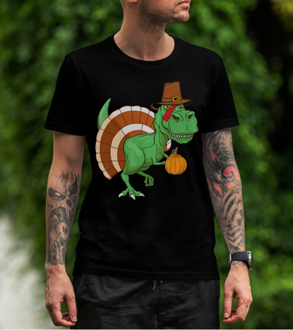 Thanksgiving T-Rex Turkey With Pilgrim Hat And Pumpkin T-Shirt