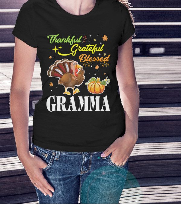 Thankful Grateful Blessed Gramma Turkey Pumpkin Thanksgiving Fall Leaves T-Shirt