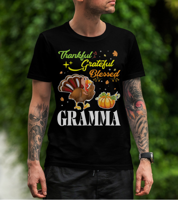 Thankful Grateful Blessed Gramma Turkey Pumpkin Thanksgiving Fall Leaves T-Shirt