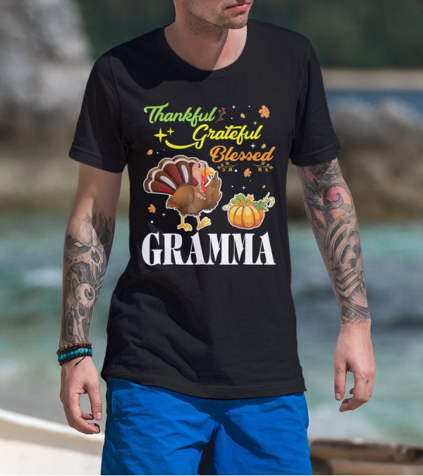 Thankful Grateful Blessed Gramma Turkey Pumpkin Thanksgiving Fall Leaves T-Shirt