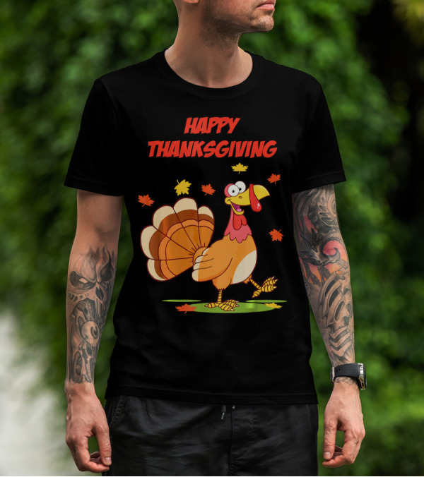 Happy Thanksgiving Funny Turkey Festive Cartoon With Falling Leaves T-Shirt
