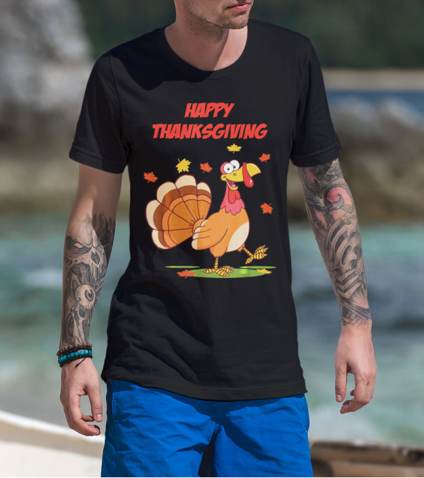 Happy Thanksgiving Funny Turkey Festive Cartoon With Falling Leaves T-Shirt