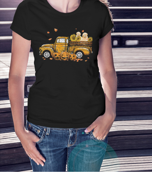 Pumpkin Truck With Sunflowers And Dogs Halloween Scene T-Shirt