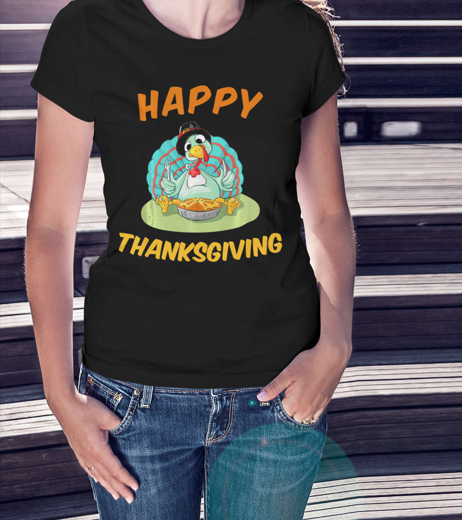 Happy Thanksgiving Funny Turkey Day Turkey Eating Pie T-Shirt