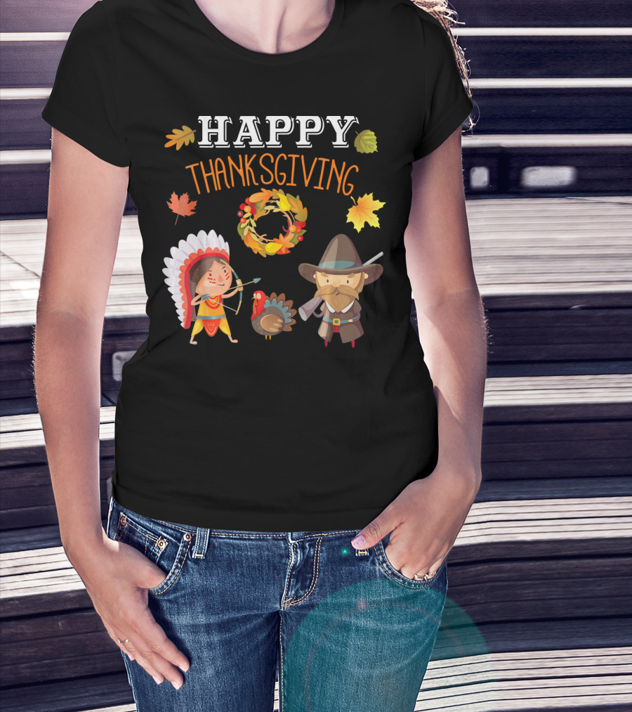 Thanksgiving Celebration With Native American And Pilgrim Turkey T-Shirt