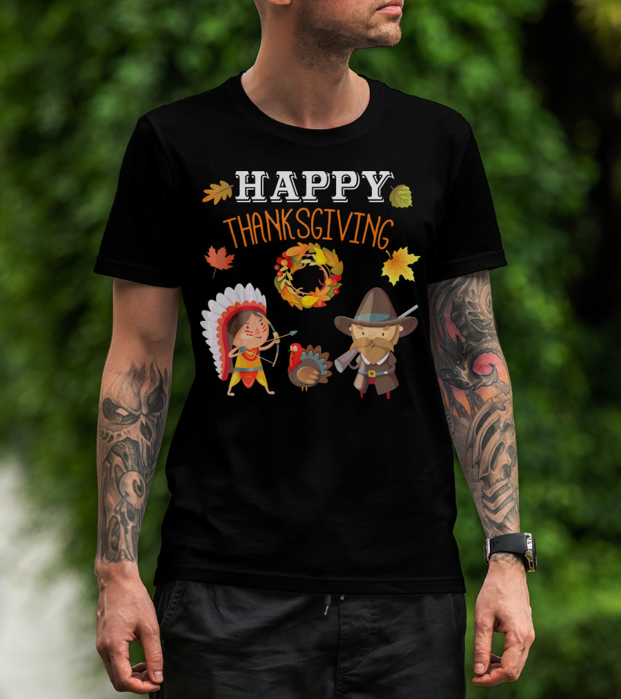 Thanksgiving Celebration With Native American And Pilgrim Turkey T-Shirt