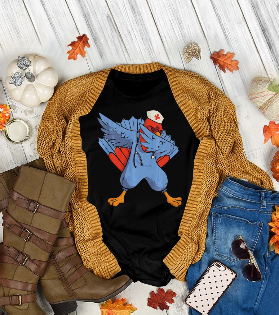 Dabbing Nurse Turkey Wearing Scrubs and Stethoscope with Nurse Cap T-Shirt