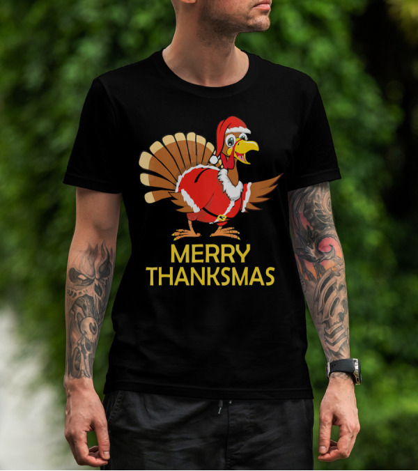 Merry Thanksmas Turkey Dressed In Santa Costume T-Shirt