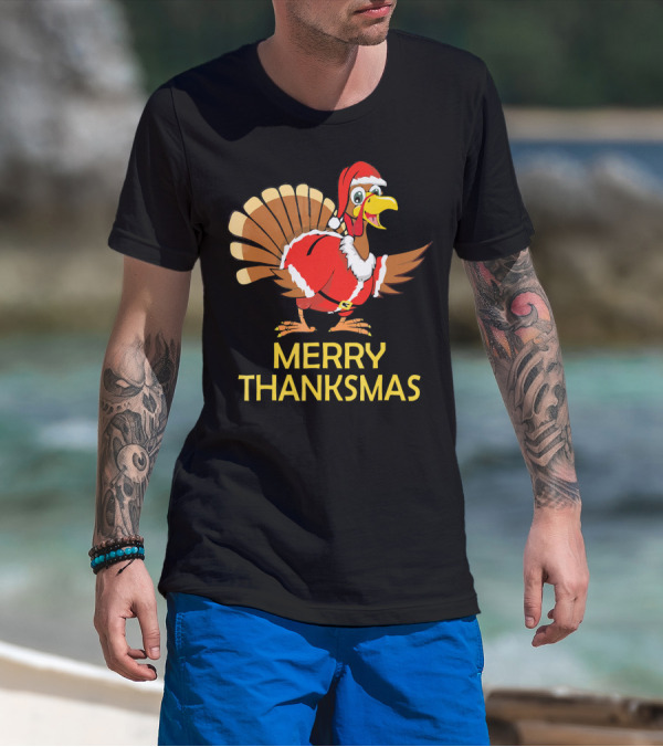 Merry Thanksmas Turkey Dressed In Santa Costume T-Shirt
