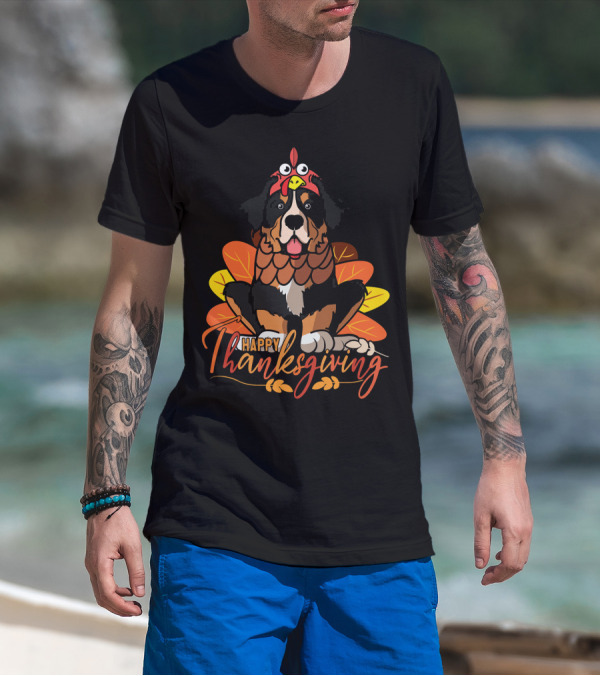 Happy Thanksgiving Bernese Mountain Dog With Turkey Costume And Autumn Leaves T-Shirt